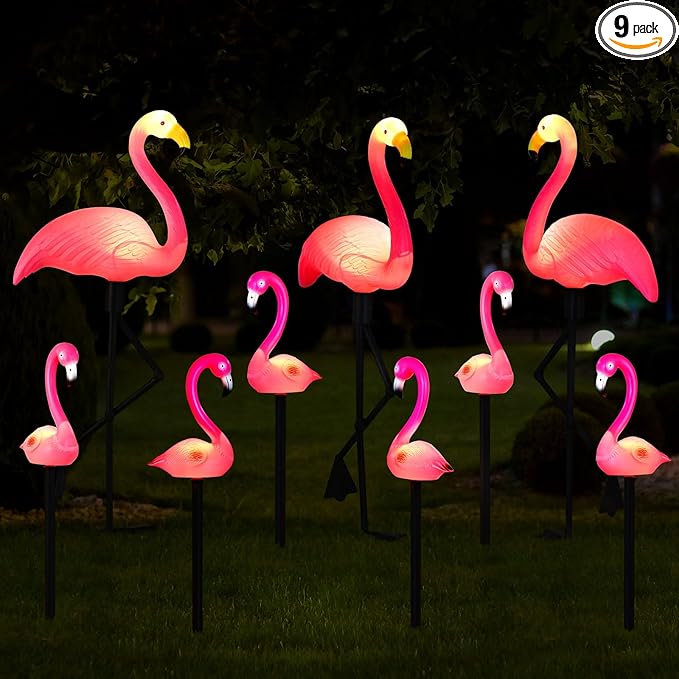 9 Pcs Flamingo Solar Lights LED Flamingo Stake Lights Waterproof Flamingo Lights for Outdoor Pink Yard Lawn Garden | Lumora