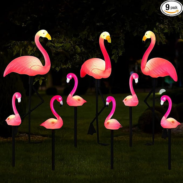 9 Pcs Flamingo Solar Lights LED Flamingo Stake Lights Waterproof Flamingo Lights for Outdoor Pink Yard Lawn Garden | Lumora