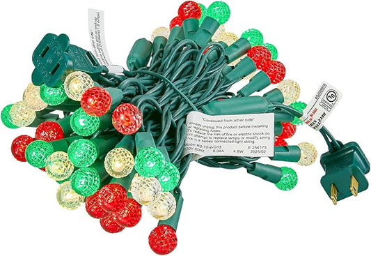 BOHON Christmas Lights 17FT 50 LED Faceted G15 Red White and Green String Lights Outdoor Plug in Commercial Lighting Grade Tree Decorations for Indoor Xmas Decor, Green Wire, Waterproof