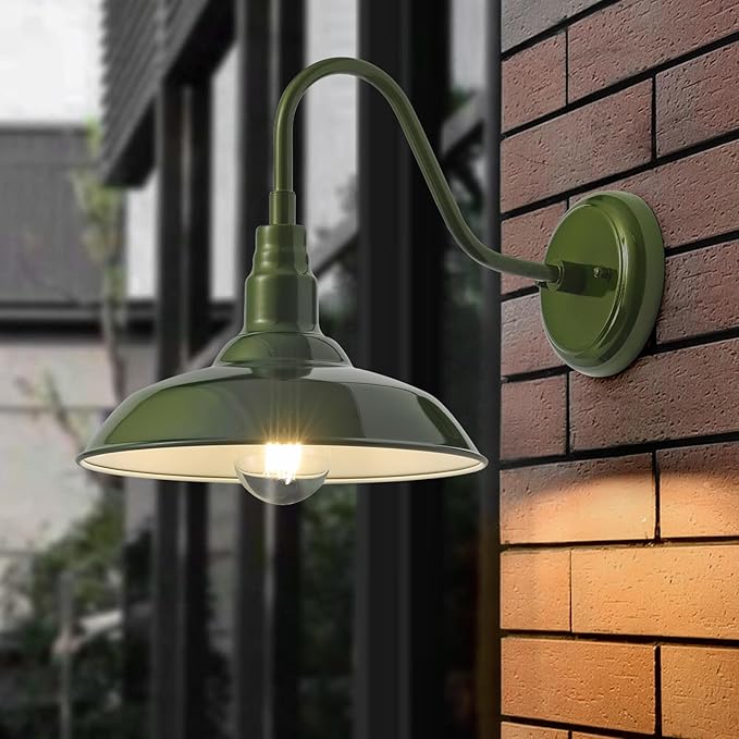 2 Pack Outdoor Gooseneck Barn Light with 14 Inch Dome, Farmhouse Exterior Wall Lights for Porch, Olive Green Patio | Lumora