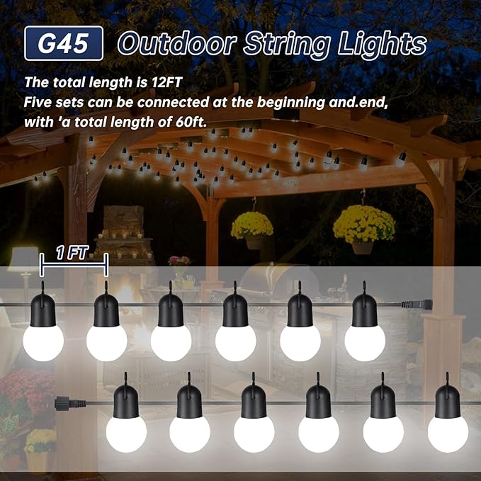 LED Terrace Light Cold White Shatterproof G45 Sphere 12 Edison Bulb Waterproof for Christmas, Porch, Deck, Garden, Backyard, Porch, Halloween