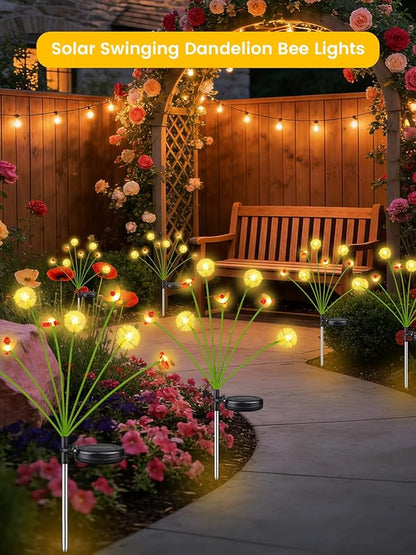 Solar Garden Lights Outdoor, 4 Pack 32 LED, Solar Swaying Dandelion Bee Lights Waterproof, Swaying Firefly Lights for Yard Pathway Lawn Patio Decorations, 2 modes (Steady on, Slow Twinkle), Warm White