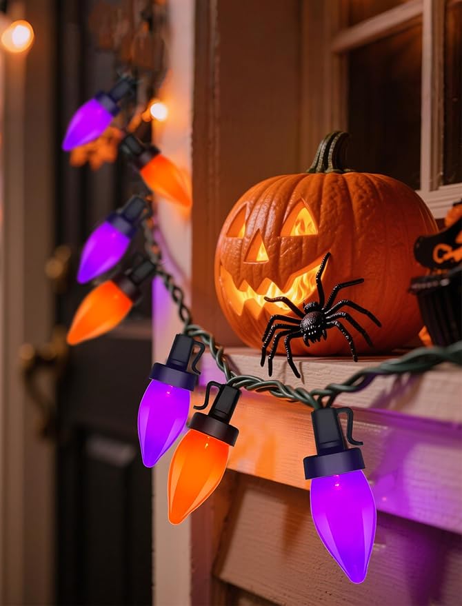 26FT Halloween String Lights Outdoor, 50 C7 LED Orange String Lights, Plug-in Halloween Patio Decorative Lights for Indoor Christmas Backary Porch House Holiday Party Decor