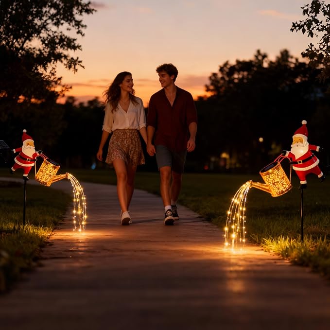 Santa Claus Watering Can Solar Lights Outdoor, Waterproof Father Christmas Solar Garden Lights, Santa Claus Solars Watering Can with LED Cascading Light, Solars Lanterns Father Christmas Decoration