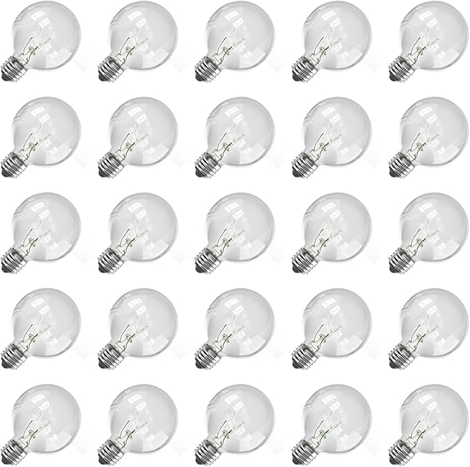 25Ft G40 Outdoor String Lights with 25 Clear Vintage Light Bulbs and 25 Pack G40 Replacement Light Bulbs, C7/E12 Screw Base, 5W Black Wire