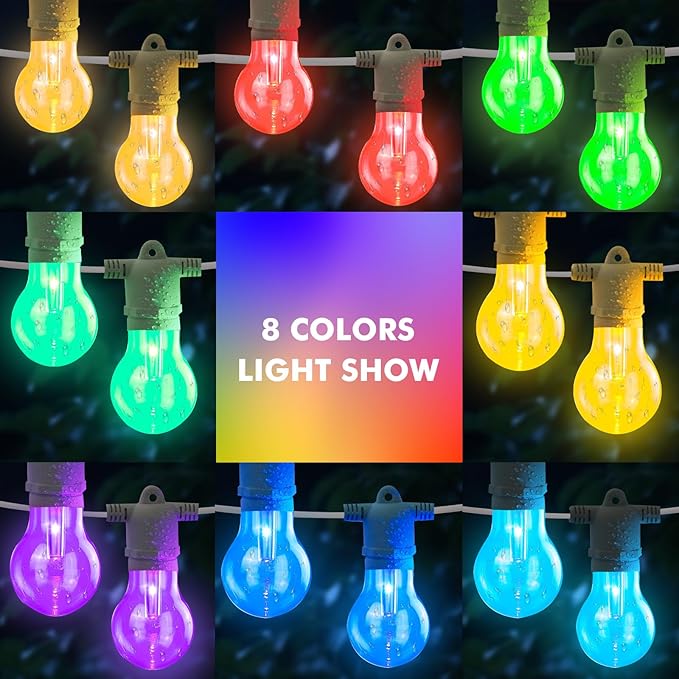 48FT RGB LED Outdoor String Lights - Dimmable Color Changing Patio Lights with Shatterproof E26 Edison Bulbs, Remote Control for Garden, Bistro & Backyard Decor(White)