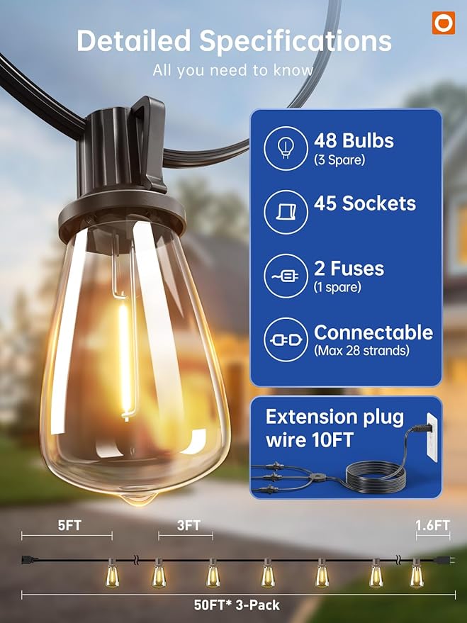 addlon 150FT (3x50FT) Outdoor String Lights, 48 Shatterproof ST38 Bulbs, Commercial Grade Patio Lights, Vintage | Lumora