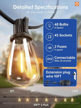 addlon 150FT (3x50FT) Outdoor String Lights, 48 Shatterproof ST38 Bulbs, Commercial Grade Patio Lights, Vintage | Lumora