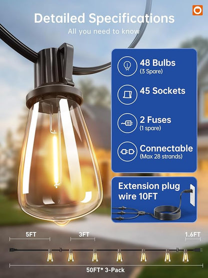 addlon 150FT (3x50FT) Outdoor String Lights, 48 Shatterproof ST38 Bulbs, Commercial Grade Patio Lights, Vintage Outside Hanging Light Waterproof, Outdoor Connectable for Garden Porch Backyard Balcony