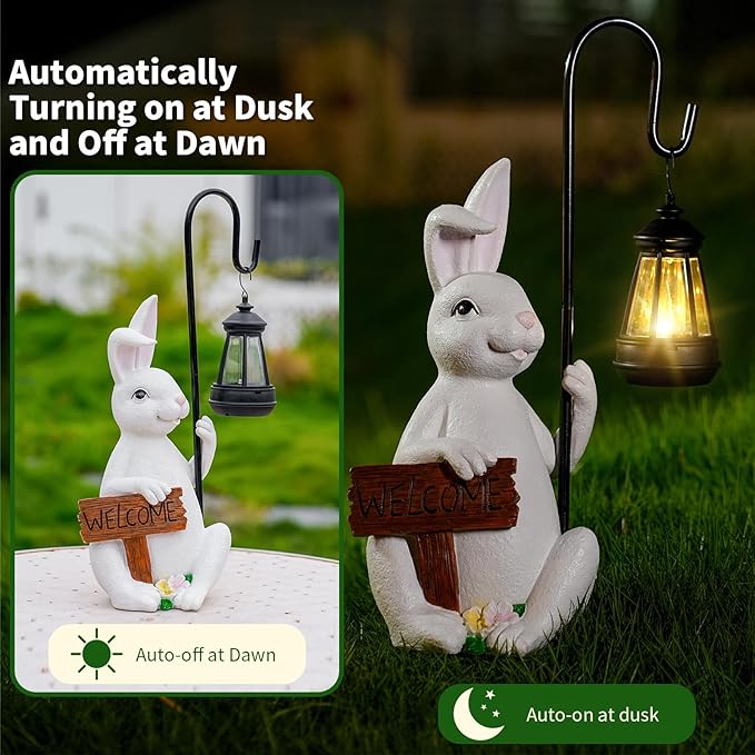 Rabbit Statues Solar Lantern Waterproof Light Resin Statue for Outside Balcony Garden Decor for Outside Gift for Grandma Women (Rabbit Lantern White)
