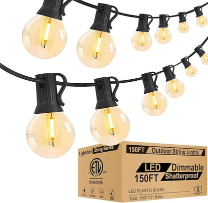 Lightdot 150FT Outdoor String Lights, LED Bistro String Lights with Shatterproof ST38 Bulbs, 2700K Dimmable, Waterproof Hanging Lights for Porch, Party, Garden, Backyard, Balcony - ETL Listed