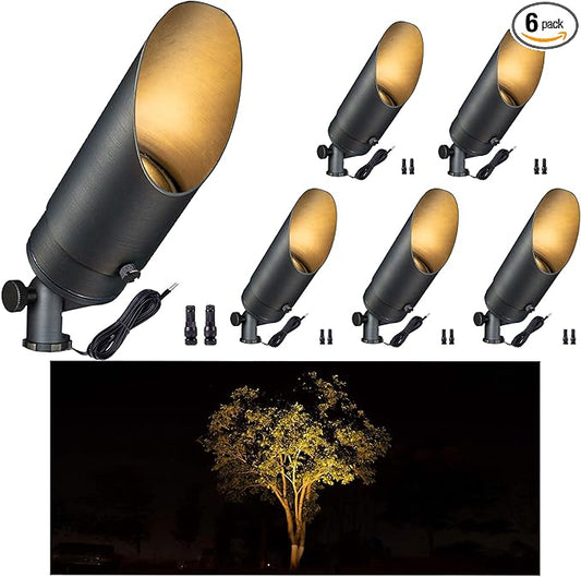 Gardenreet 12V Spot Lights Solid Brass - Outdoor Low Voltage Landscape Spotlight, Wired LED Uplights Waterproof, Stretchable Shroud Electric Bronze for Patio Wall Without MR16 Bulb (6 Pack)
