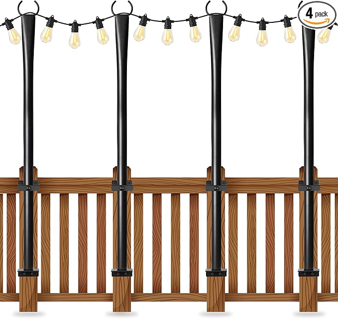 4 Pack String Light Poles for Deck, 5Ft Heavy-Duty Metal Deck Light Poles for Outside with Fixing Clips, Lighting | Lumora
