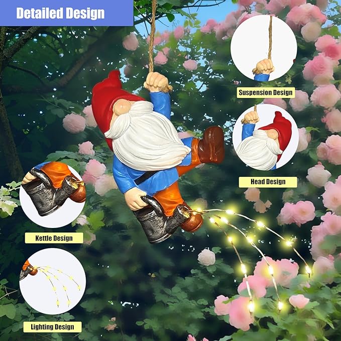 Hanging Gnomes Watering Can Lights Garden Decor, Fairy Figurines Outdoor Solar Lantern, Wall Art for PatioYard Porch, Christmas Gardening Housewarming Gifts for Mom Women