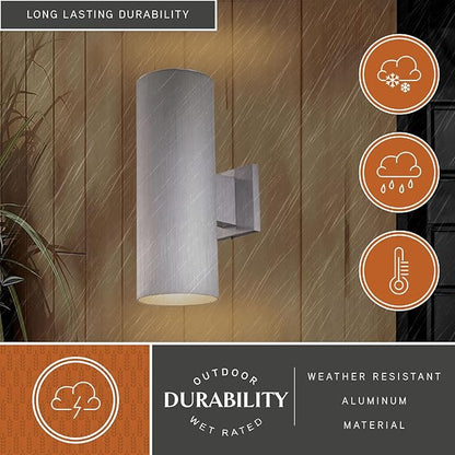 VAXCEL Chiasso Modern Outdoor Porch Light, 5" W x 14.25" H 2-Light Silver Cylinder Wall Sconce, Waterproof Up and Down Wall Light for Porch, Patio, Deck, or Front Door