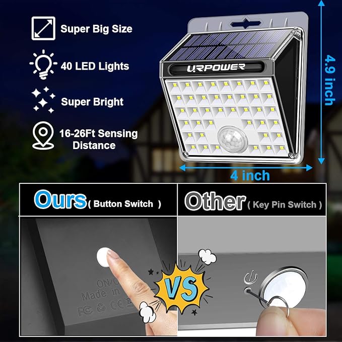 URPOWER Solar Lights Outdoor, 40 LED Motion Sensor Security Lights Solar Flood Lights Waterproof Solar Powered Outdoor Lights for Backyard, Fence, Deck, Patio, Garage (4 Pack)