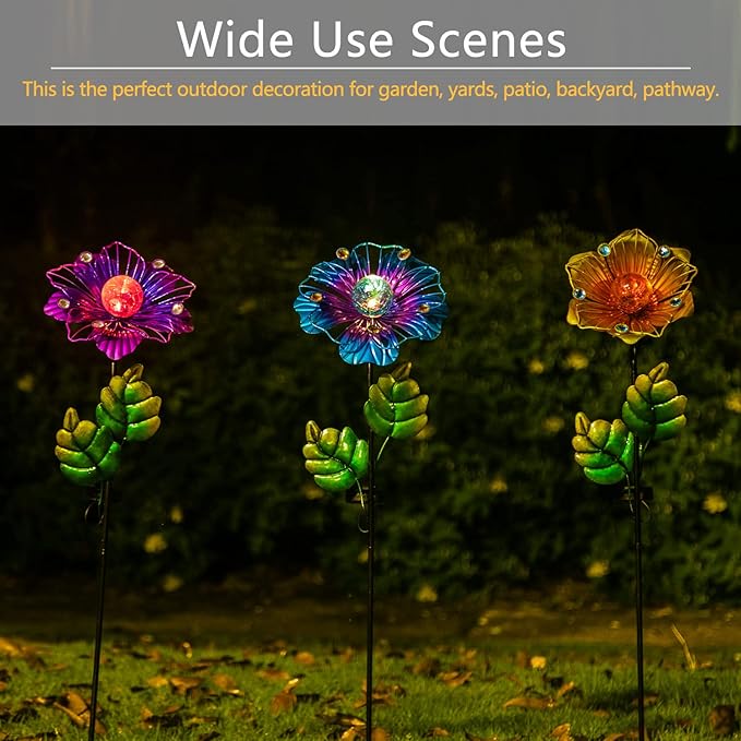 Adeco Flower Solar Lights Outdoor Garden Decor 35 inch Metal Garden Stake Lights with Crackle Globe Glass and Large Solar Panel Waterproof for Ground Patio Lawn Courtyard Flowerbed