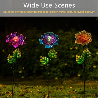 Adeco Flower Solar Lights Outdoor Garden Decor 35 inch Metal Garden Stake Lights with Crackle Globe Glass and Large Solar Panel Waterproof for Ground Patio Lawn Courtyard Flowerbed
