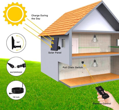Solar Pendant Lights, Solar Powered Shed Light with Pull Cord and Remote for Outdoor Indoor, Solar Chandelier, Gazebo Light with Adjustable Panel for Yard Patio Balcony Barn Garage