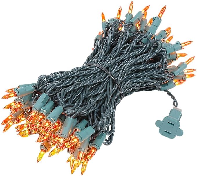 Novelty Lights 50 Feet 100 Bulbs Traditional Incandescent Mini Lights, Amber on Green Wire with 6" Spacing, Commercial Grade and UL Listed for Indoor/Outdoor Use, End-to-End Connectable
