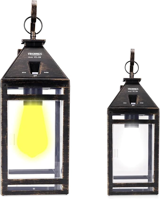 Techko STL-238 Portable Hanging Lantern with Hanger-Amber or White Solar Light, LED Edison Bulb