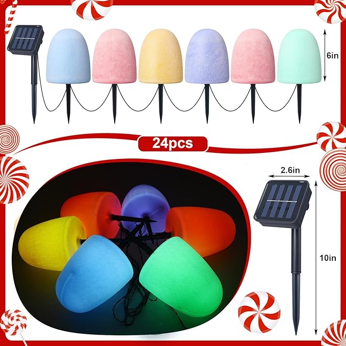 24 Pcs 6'' Gumdrop Christmas Pathway Solar Lights Waterproof 6 in 1 LED Gumdrop Solar Stake Light with 5 Colors for Xmas Path Lawn Garden Landscape Courtyard Sidewalk Driveway Walk Way Outdoor Light