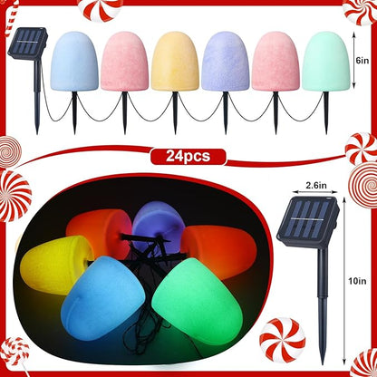 24 Pcs 6'' Gumdrop Christmas Pathway Solar Lights Waterproof 6 in 1 LED Gumdrop Solar Stake Light with 5 Colors for Xmas Path Lawn Garden Landscape Courtyard Sidewalk Driveway Walk Way Outdoor Light