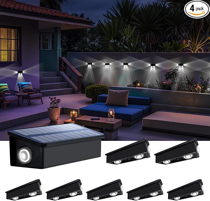 Fence Lights Solar Powered Outdoor Waterproof 3 Sided Wall LED Landscaping 8 Pack for Yard, Deck, Patio, Rail, Garage, Pool, Balcony, Energy Efficient Cool White Safety and Ambiance,Easy Install