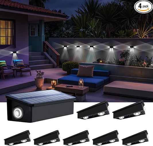 Fence Lights Solar Powered Outdoor Waterproof 3 Sided Wall LED Landscaping 8 Pack for Yard, Deck, Patio, Rail, Garage, Pool, Balcony, Energy Efficient Cool White Safety and Ambiance,Easy Install
