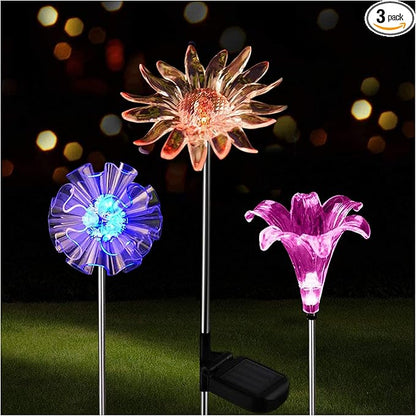 Outdoor Solar Garden Stake Lights 3 Pack- Color Changing LED Stake Lamp In-ground Landscaping Lights for Garden Patio Yard Lawn Pathway Flower Bed Decorations Figurine Lily Sun Flower and Dandelion