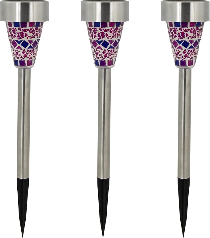 Northlight Set of 3 Purple Mosaic Stained Glass Solar Powered LED Pathway Markers, 15.5"