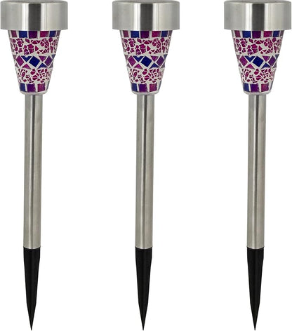 Northlight Set of 3 Purple Mosaic Stained Glass Solar Powered LED Pathway Markers, 15.5"