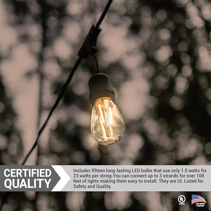 Diodesy- 48Ft Outdoor String Lights with S14 LED Shatterproof Edison Bulb & 15 Hanging Socket Commercial Grade E26 | Lumora