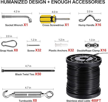 BLIKA String Light Hanging Kits, 400FT Coated Stainless Steel 304 Wire Rope, Outdoor Light Guide Wire, Globe String Light Suspension Kit Included Turnbuckles, Enough Accessories, Use Manual