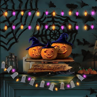 Purple and Orange Halloween Lights, 26FT 50 Count Halloween C7 LED String Lights for Indoor/Outdoor Use, Purple Orange Lights for Patio Home Party Garden Yard-Black Wire