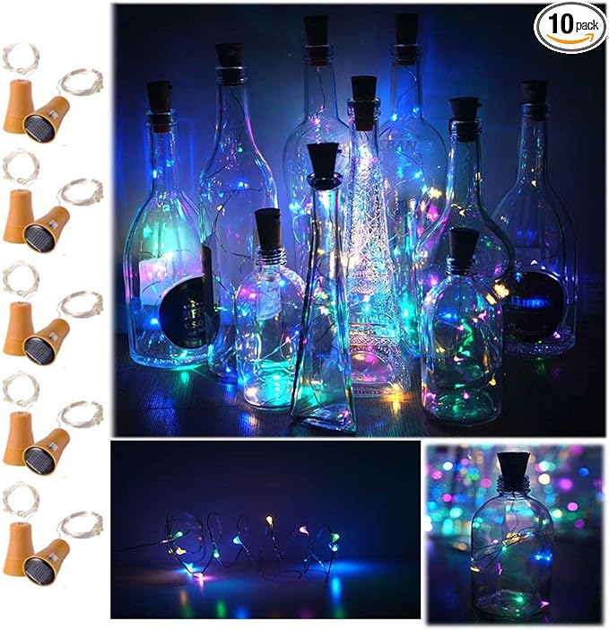 Decorman 10 Pack Solar Powered Wine Bottle Lights, 10 LED Waterproof Copper Cork Shaped Lights for Wedding/Christmas/Outdoor/Holiday/Garden/Patio/Yard/Pathway Decor (Colorful)
