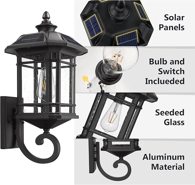 Emliviar Solar LED Wall Light Outdoor,Dusk to Dawn Solar Porch Light with Remote Control, Black Finish with Seeded | Lumora