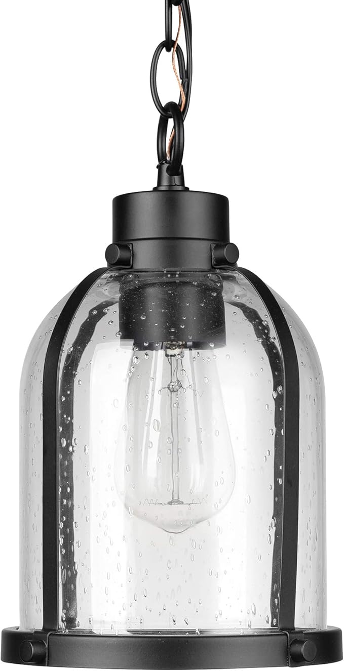 Globe Electric 44627 1-Light Outdoor Pendant, Matte Black, Clear Seeded Glass Shade, Bulb Included | Lumora