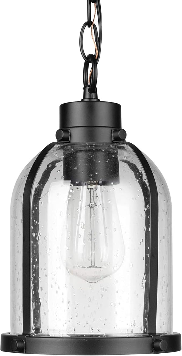 Globe Electric 44627 1-Light Outdoor Pendant, Matte Black, Clear Seeded Glass Shade, Bulb Included | Lumora
