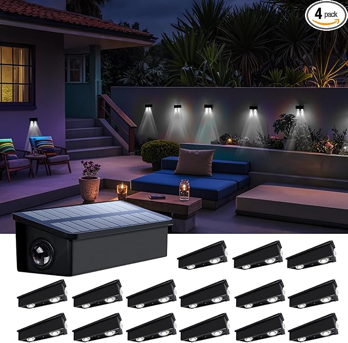 Fence Lights Solar Powered Outdoor Waterproof Outside Wall LED Landscaping Lamp 16 Pack for Yard, Deck, Patio, Rail, Garage, Pool, Balcony, Energy Efficient Cool White Safety and Ambiance,Easy Install
