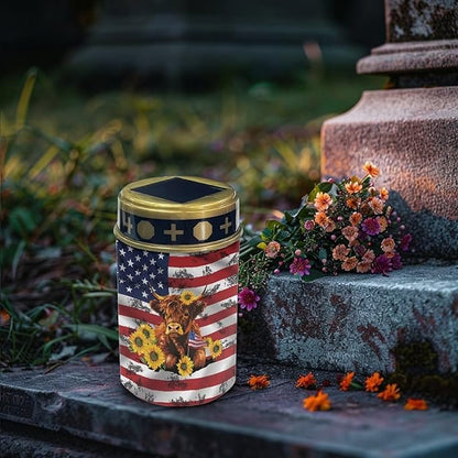 American Flag Yak Sunflower Solar Cemetery Grave Decorations, Waterproof Memorial Cemetery Decorations Lights for Birthday Mother Day Fathery Day Memorial Day