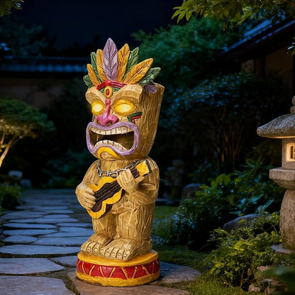 Solar Tiki Garden Statue with LED Eyes Outdoor Resin Ukulele Player Yard Decor Solar Light Hawaiian Style Lawn Ornament for Patio Porch Tiki Bar Decor Best Gift for Tiki Lovers