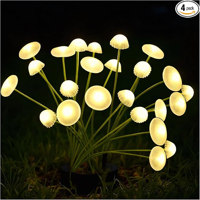 4 Pack Solar Jellyfish Lights Outdoor Waterproof–Upgraded Intelligent Light Control, IP65 Waterproof, Six-Head Mushroom Garden Lights for Pathway, Yard, Fence, Patio