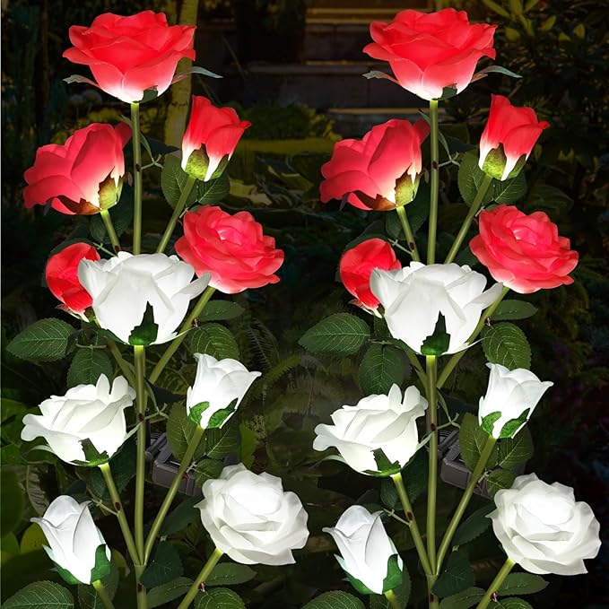 Solar Lights Outdoor Garden Decorative 4 Pack, Waterproof Solar Flower Lights with 20 Realistic Rose for Patio, Back Yard, Flower Bed, Pathway, Patio, Porch, White and Red