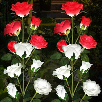 Solar Lights Outdoor Garden Decorative 4 Pack, Waterproof Solar Flower Lights with 20 Realistic Rose for Patio, Back Yard, Flower Bed, Pathway, Patio, Porch, White and Red