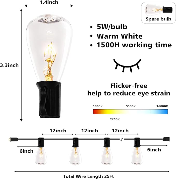 Elevon Led Light Bulb Outdoor String Lights 25 Ft, Waterproof Christmas Lights Patio ST38 Vintage Edison Bulbs (1 Spare), Outside Warm White Hanging Shatterproof Light Waterproof