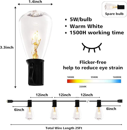 Elevon Led Light Bulb Outdoor String Lights 25 Ft, Waterproof Christmas Lights Patio ST38 Vintage Edison Bulbs (1 Spare), Outside Warm White Hanging Shatterproof Light Waterproof