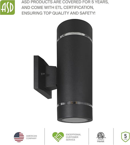 ASD 2 Light Outdoor Wall Light Fixture | 120W E26 Bulb Socket 120V ETL Cylinder Up Down Lights | LED/CFL/Incandescent Bulb Exterior Wall Sconce | Front Door, Porch Patio | Ringed Black, 6 Pack