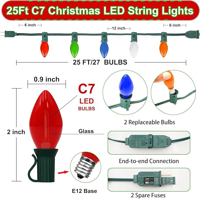 Couah C7 LED String Lights-25Ft Ceramic Vintage Multicolor Lights with 27 Colorful LED Bulbs (2 Spare), Outdoor String Lights for Christmas Party Backyard Wedding- Green Wire