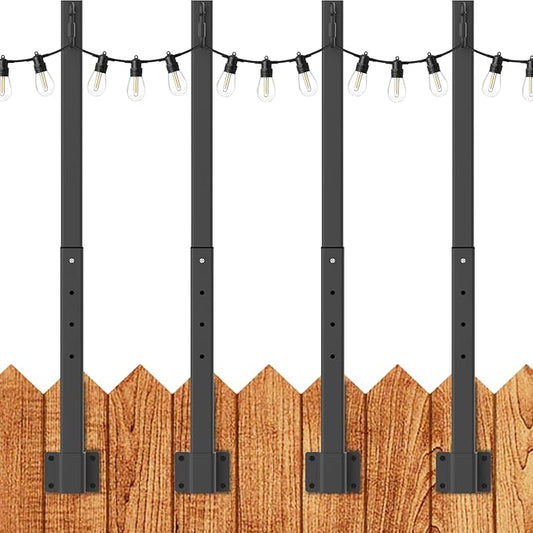 LETIANPAI 2.8Ft String Light Poles 4 Pack,Light Poles for Outside Lights,Outdoor with Fence Brackets Hanging Lights,Metal Stand Deck Patio Backyard